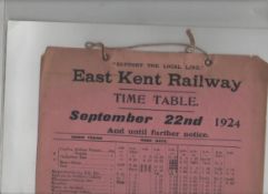 Ephemera ? East Kent Railway 1924. Hanging card timetable of passenger trains on the company?s line