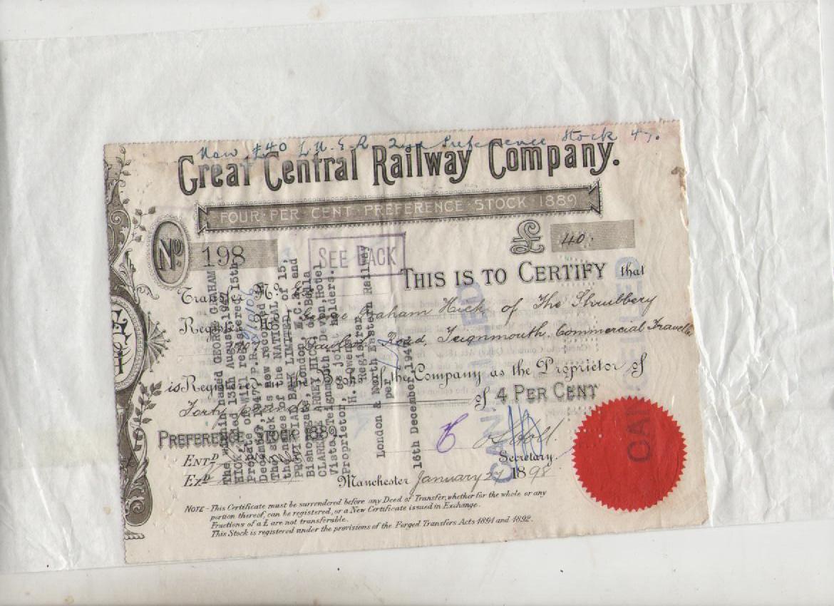 Ephemera ? Great Central Railway Company. Certificate for £40 Preference Stock. 1898. Detailed
