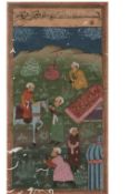 India ? Miniature painting on an manuscript leaf showing five men^ with one on horseback^ with