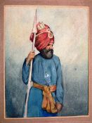 India ? Sikh warrior watercolour of a Nihung c1900s on heavy card stock^ mounted on heavy