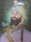 India Punjab ? large Sikh painting of Guru Gobind Singh on Canvas. A large oil painting of the