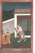 India ? Miniature painting leaf showing two lovers embracing in a palace scene with two women in