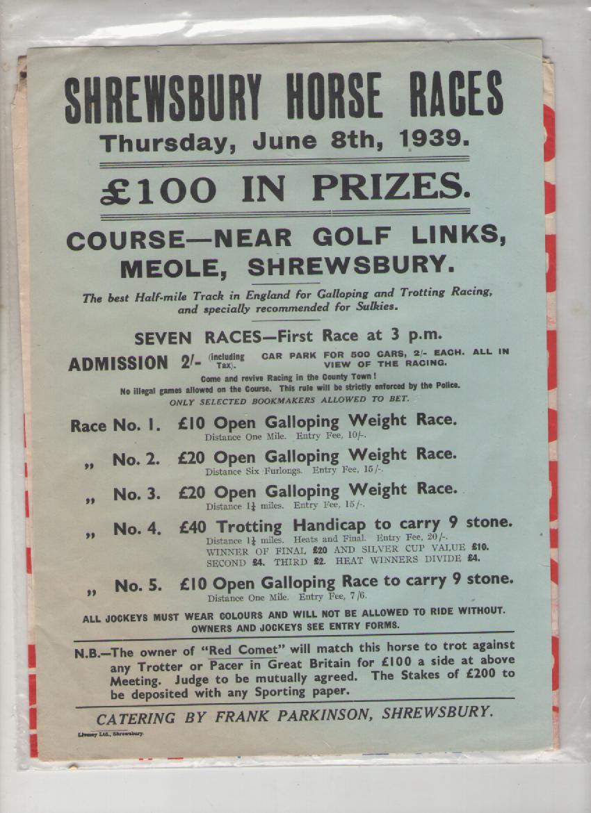 Ephemera ? Shrewsbury horse races ? large poster. Thursday June 8th   1939. Impressive large blue^