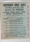 Ephemera ? Shrewsbury horse races ? large poster. Thursday June 8th   1939. Impressive large blue^