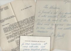 Charles de Gaulle^ President of France^ leader of the Free French during WWII two autograph notes