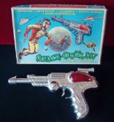 BCM (UK) “Space Outlaw” Atomic Pistol: Futuristic diecast gun in bright plated finish, with