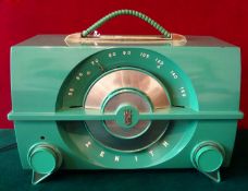 1952 Green Bakelite J615 Zenith Radio: Stylish green radio in great condition complete with carrying