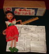 Early Boxed Pelham Puppet: Gypsy Girl within Card box with paper label having original instructions