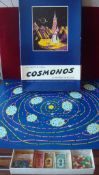 French Cosmonos Board Game: Large playing board having playing pieces, dice, money and coloured