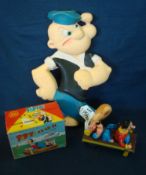 Popeye OK (Japan) Friction Log: 1960s Plastic friction Log having Popeye and Olive Oil in original