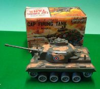 Marx Toys (Hong Kong) large “Cap Firing Tank”: Plastic body with tinplate base still has both