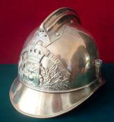 19th Century French Brass Firemans Helmet: Sapeurs & Pompiers Helmet for the Town of Gallapoon