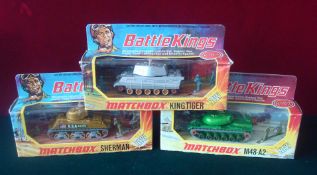 Matchbox Battle Kings: Three boxed examples K-101 Sherman Tank, K-102 M48-A2, K-104 King Tiger all