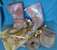 Collection of Military Related Items: To include Brown Leather military 14 hole Boots, Pair of