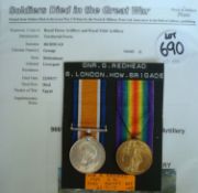 WW1 Killed in Action BWM & Victory Medals: To 966187 Gnr George Redhead 8th London Brde Royal