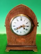 French Edwardian Walnut Arched Bracket Style Mantel Clock: Having white enamel domed face