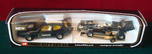 Corgi Toys Gift Set Number 32: Lotus Elite and JPS Racing Car on Trailer boxed (1976-79)