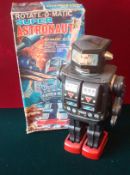 Horikawa (Japan) Super Astronaut Robot: Black tinplate example with opening chest and red tinplate