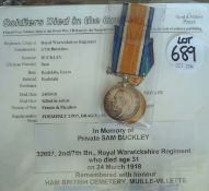 WW1 Killed in Action BWM & Victory Medals: To 32097 Pte Sam Buckley 2/7th Royal Warwickshire Regt