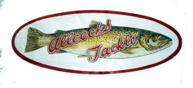 SIGN: Allcock?s painted glass oval advertising sign 19? x7.5? red border and painted brown trout ?