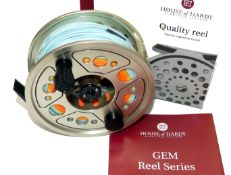 REEL: Hardy GEM Series 11/12 alloy hi-tech salmon fly reel large arbour in as new condition rear