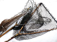 ACCESSORIES: (3) Three assorted folding trout landing nets one with 18? laminated wood arms brass