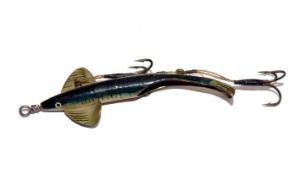 LURE: Geens Patent Chase Me metal bait 3.25? curved hold metal body twin fins painted eyes