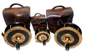 REELS & CASES (6) Stunning set of 3 early Scottish pattern (Edinburgh) brass and ebonite crank wind