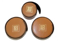 REEL CASES (3): Set of Hardy leather reel cases two large 5.5? OD & one intermediate 4.5? and