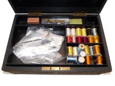 FLY TYING BOX: Green leather covered fly fishers portable chest described as the middle or second