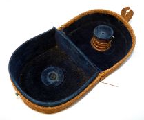 REEL: Rare canvas covered Aerial D shaped reel case blue baize lined with padded spring to take