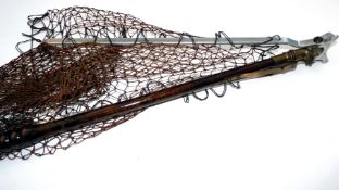 LANDING NET: Early Ogden Smith Reversa Net 17? alloy arms triangular frame with knotted mesh brass
