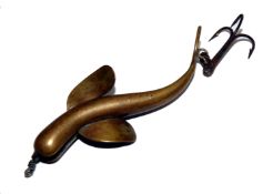 LURE: Rare Pigott Patent brass metal bait 3.25? curved body open mouth long fins fine wire treble