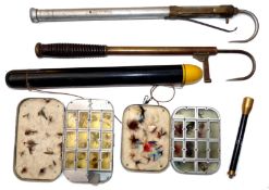 ACCESSORIES: Hardy alloy salmon extending gaff 2 draw brass point protector & net clip Victorian