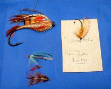 FLIES: (4) Collection of vintage flies comprising a 10/0 large heavily dressed salmon fly with flat