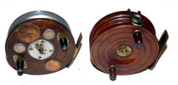 REELS (2): Milward?s Zephyr style alloy and wood centre pin reel with coins later applied to drum