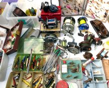 REELS & ACCESSORIES: (Qty) Mixed lot of reels lures flies and accessories incl. Devon minnows metal