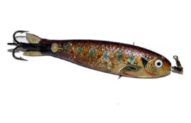 LURE: Early Gutta Percha hard rubber lure 4? long incl. flat metal tail twin white glass eyes metal