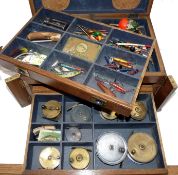 BOX REELS & ACCESSORIES: Edwardian oak collectors cabinet with brass fittings holding a varied