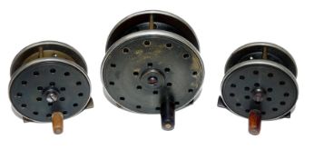 REELS: (3) Set of 3 Heaton?s Jardine style brass and ebonite trout fly reels retaining virtually