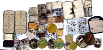 ACCESSORIES: Early 24 compartment black japanned dry fly Patent box hinged metal lids some flies a