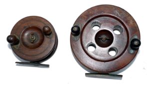 REELS: (2) Mahogany/brass Scarborough pattern sea reel 6? diameter twin black handles 4 large holes