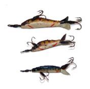 LURES: (3) Collection of 3 tiny Gutta Percha hard rubber and sole skin lures with metal tailed fins