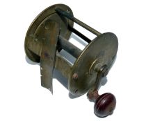REEL: Early brass wide drum winch 2.25? diameter 2? wide crank handle with turned fruitwood knob