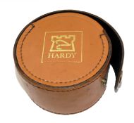 REEL CASE: Hardy circular drum style leather fly reel case 4.25? diameter 2.6? wide black baize