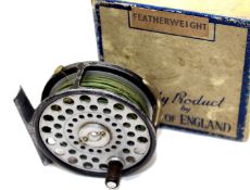 REEL: Hardy Featherweight alloy trout fly reel with early 2 rivet L shaped line guide 2 screw drum