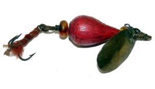 LURE: American Folk Art floating spinner lure 4.5? overall length pear shaped wooden body central