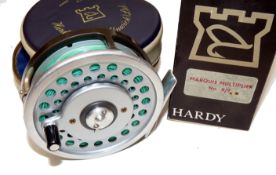 REEL: Hardy Marquis Multiplier 8/9 alloy fly reel in fine condition black handle U shaped line