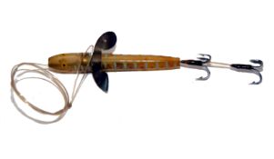 LURE: Rare early horn minnow 1.75? hollow tubular body scale painted with yellow eyes metal fins on