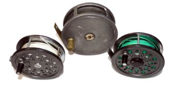 REELS: (3) Carter of South Molton Street 4.5? alloy salmon fly reel ivorine handle off set pin drum